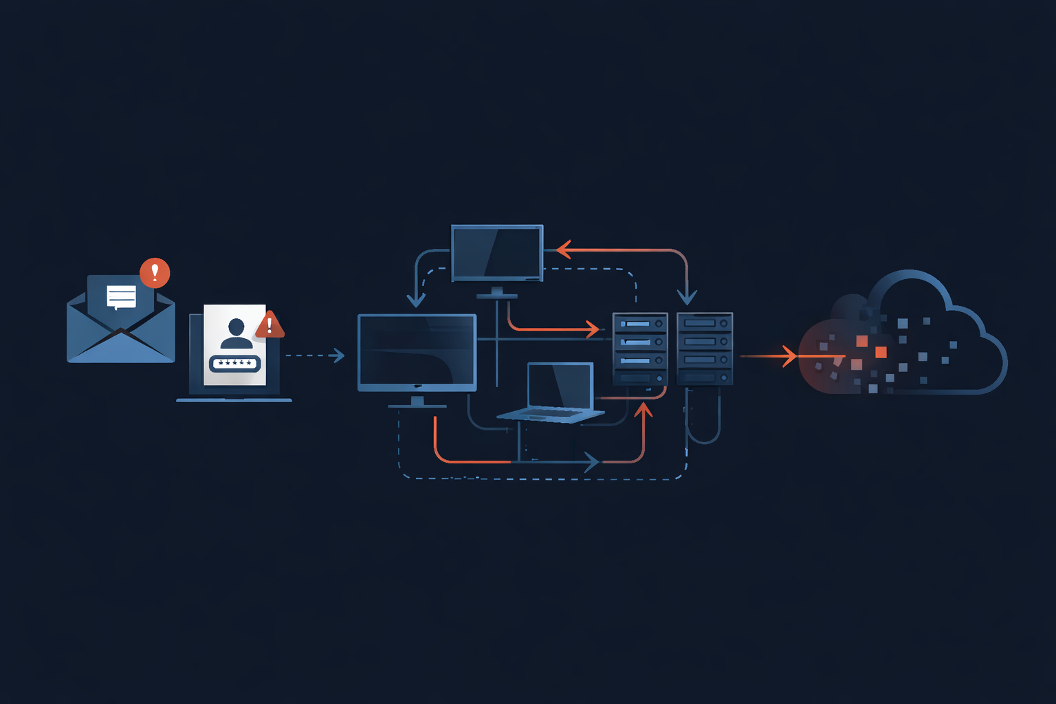 A technical infographic mapping the lifecycle of an Advanced Persistent Threat (APT). The process begins with initial access via a compromised email and login screen, followed by lateral movement across a local network of computers and servers. The final stage shows data exfiltration, represented by an orange arrow moving data into a fractured cloud icon, highlighting the stealthy nature of long-term cyber espionage.