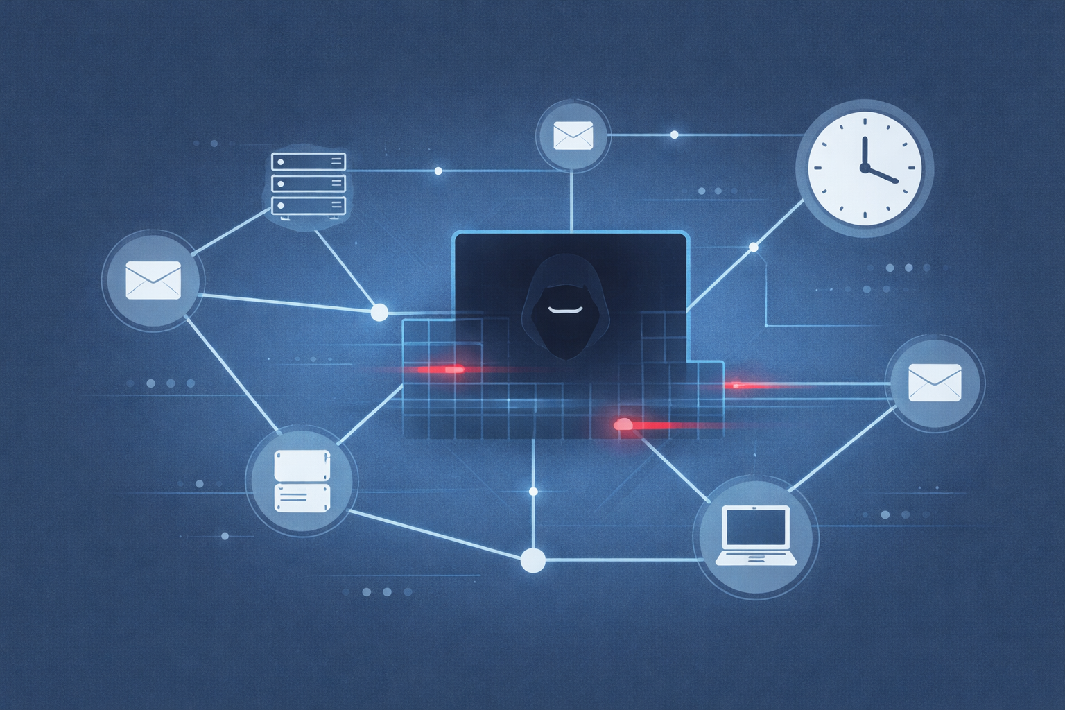 A conceptual diagram illustrating Advanced Persistent Threat (APT) persistence and Command and Control (C2) infrastructure. A hooded hacker silhouette at a central terminal is connected to a global network of nodes including email servers, data storage, and external laptops. A clock icon symbolizes the long-term, persistent nature of these attacks, while red light streaks indicate active data transmission and ongoing unauthorized network surveillance.