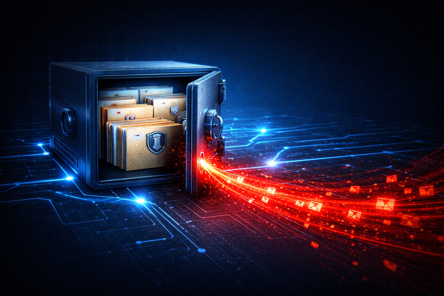 A 3D render of an open safe filled with file folders, a shield icon on the door. A bright red beam shoots out of the keyhole, scattering red file icons across a dark blue circuit board background.