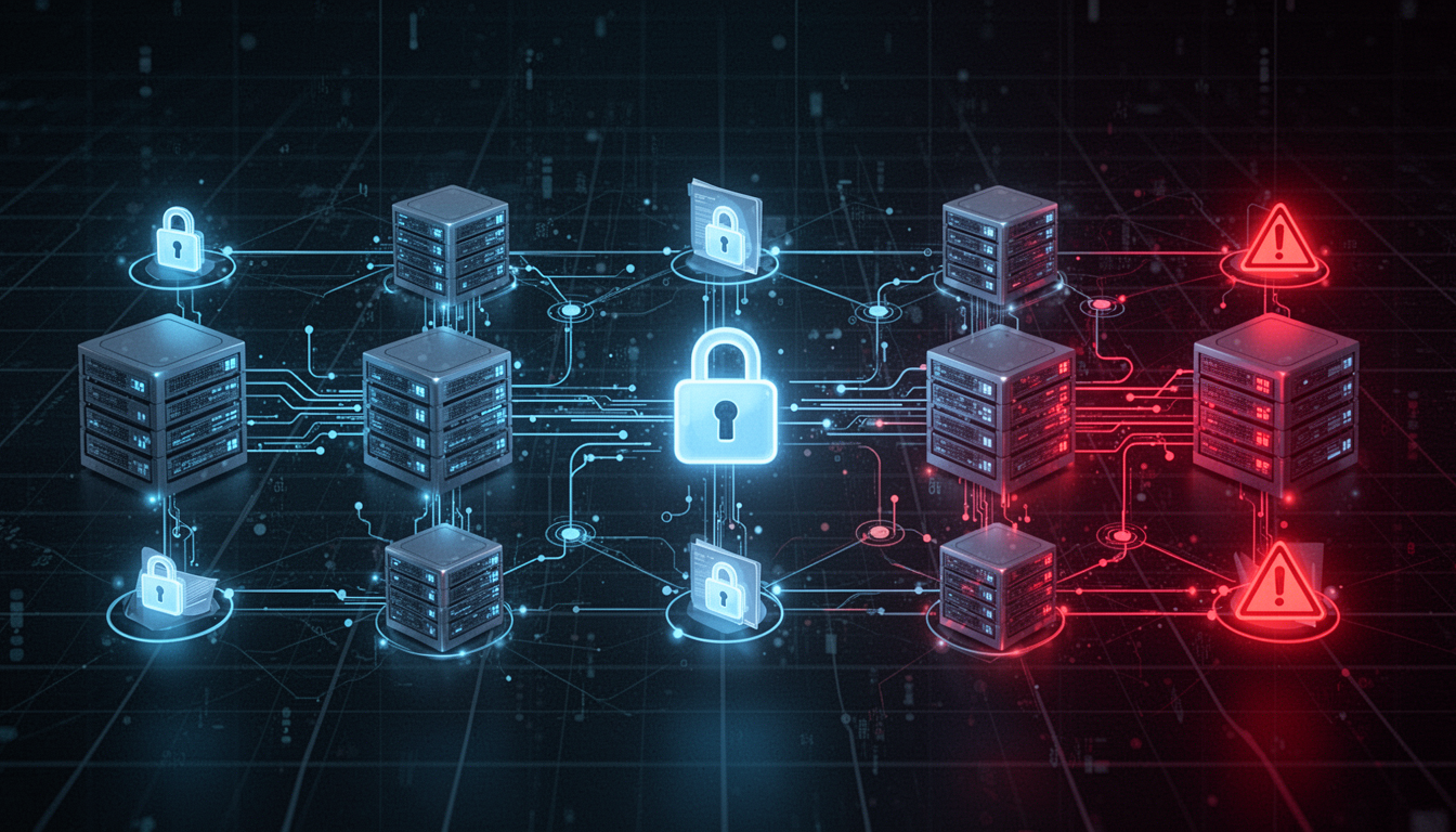 A digital visualization of network segmentation: blue padlocks secure a group of servers on the left, while red warning icons isolate a compromised server cluster on the right.