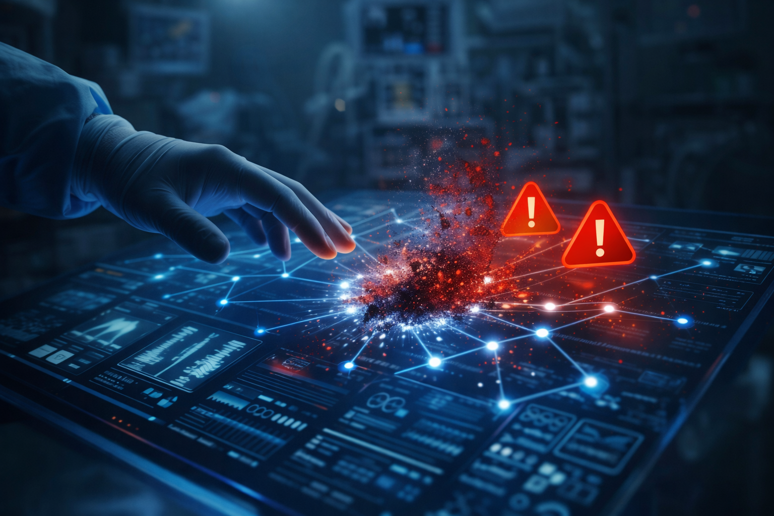 A gloved hand reaching toward a digital surgical interface that is shattering into red pixels and warning icons, representing a disruptive wiper attack.