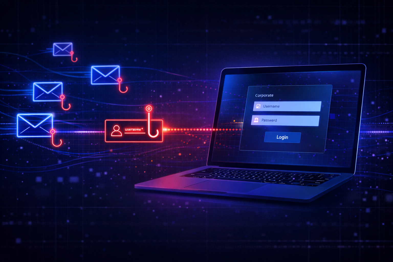 A laptop showing a corporate login screen targeted by glowing red fishing hooks and envelope icons, symbolizing a credential phishing attack on employees.