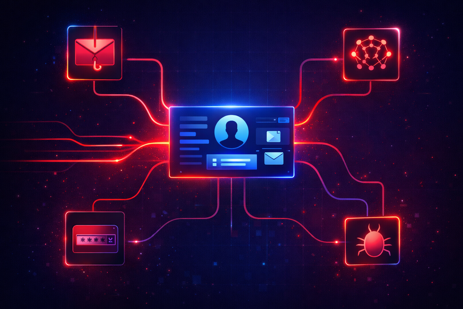 Cybersecurity infographic showing phishing, brute force, malware, and AI attack vectors converging on a central account, illustrating an account takeover attack lifecycle.
