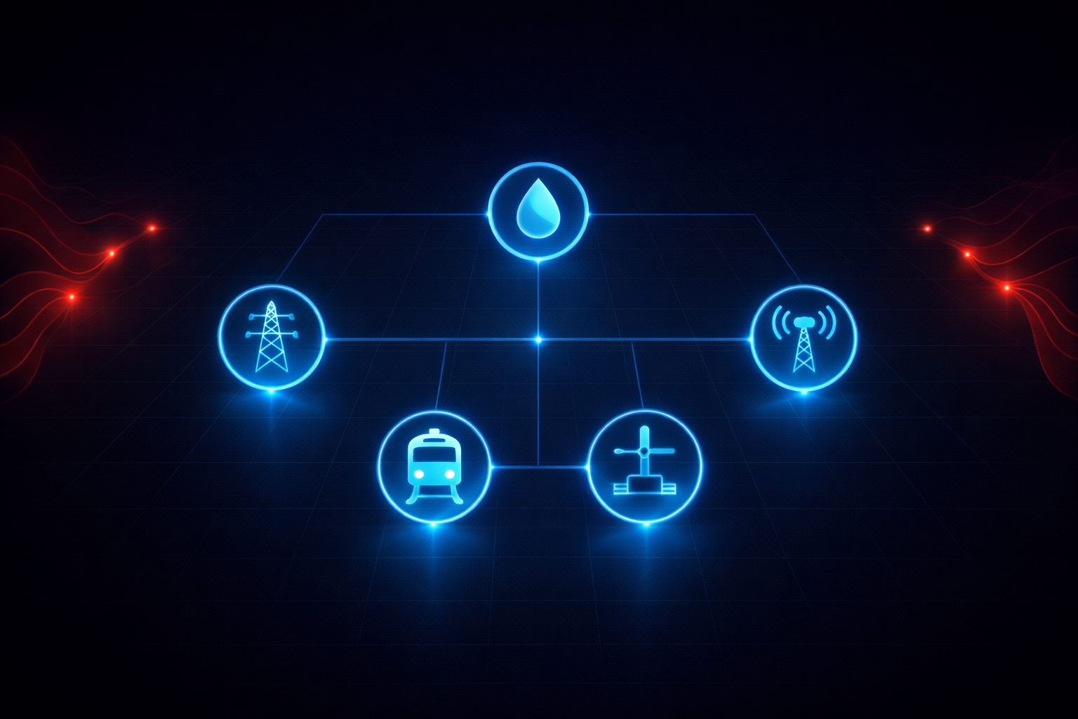 Minimalist network of critical infrastructure systems with connected blue nodes as red cyber threat signals approach, representing coordinated attacks on essential services.