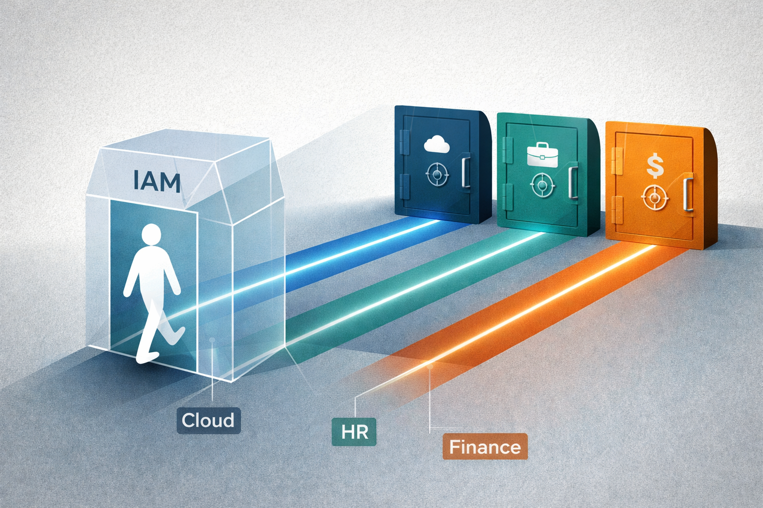 Minimalist editorial illustration of a user silhouette passing through a transparent "IAM" prism and being routed to secure Cloud, HR, and Finance vaults.