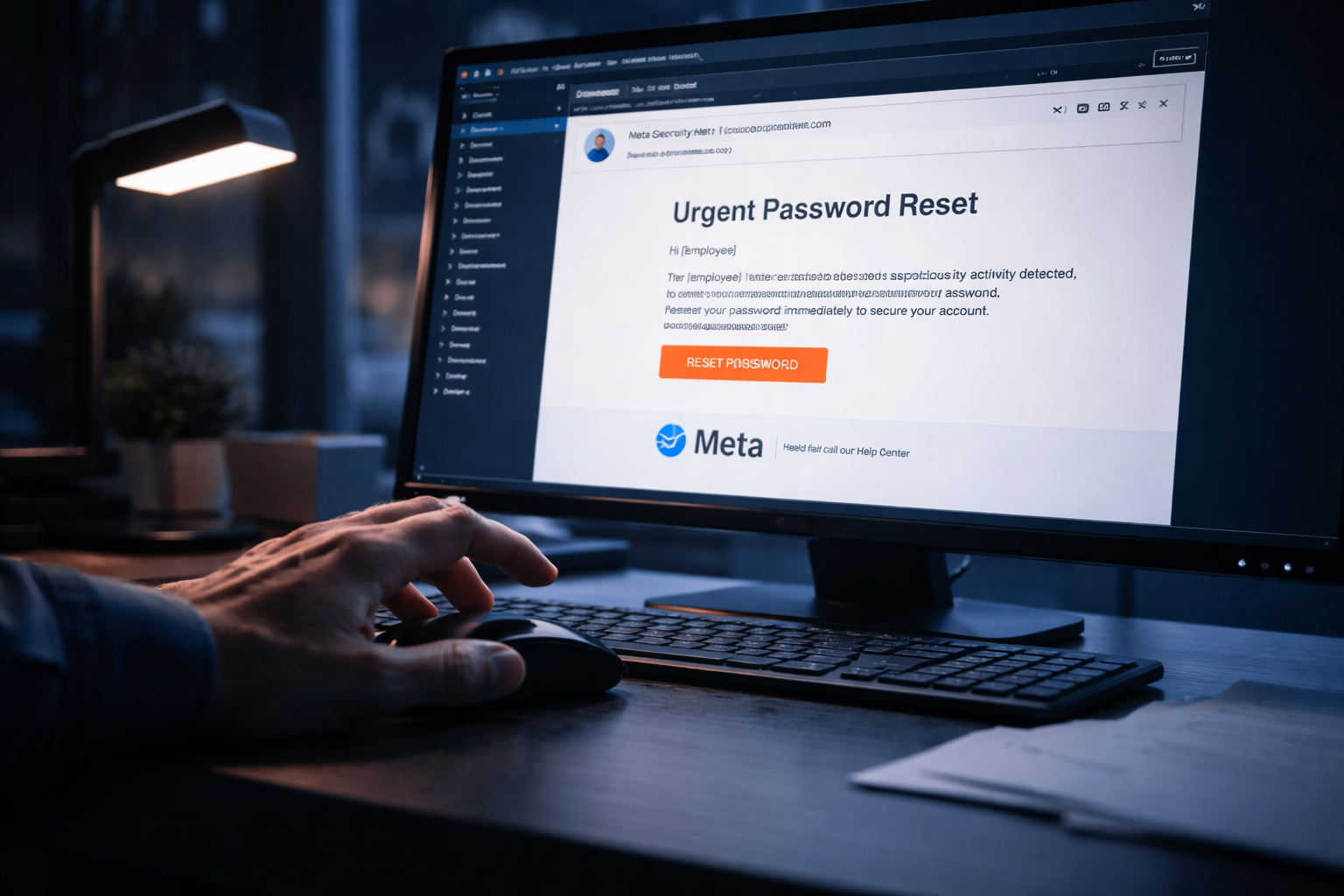 Realistic editorial photo of a hand reaching for a mouse in front of a monitor displaying a deceptive "Urgent Password Reset" email, symbolizing a social engineering attempt.
