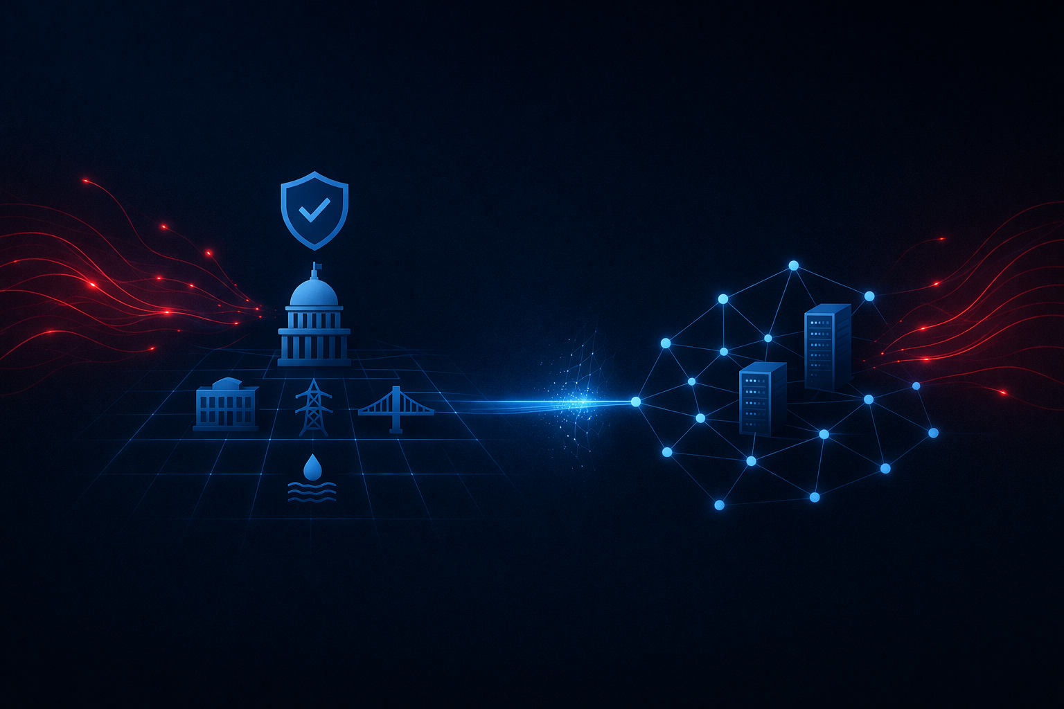 Illustration showing government and private sector infrastructure systems connected by a secure bridge, blocking cyber threats and highlighting collaborative defense.