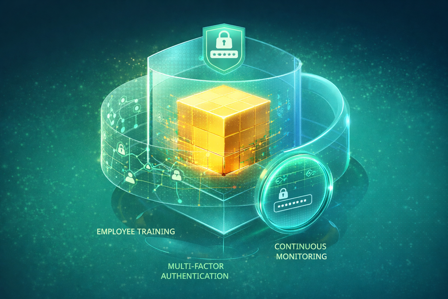 Editorial illustration of a golden data core protected by a layered green shield featuring labels for employee training, MFA, and continuous monitoring.