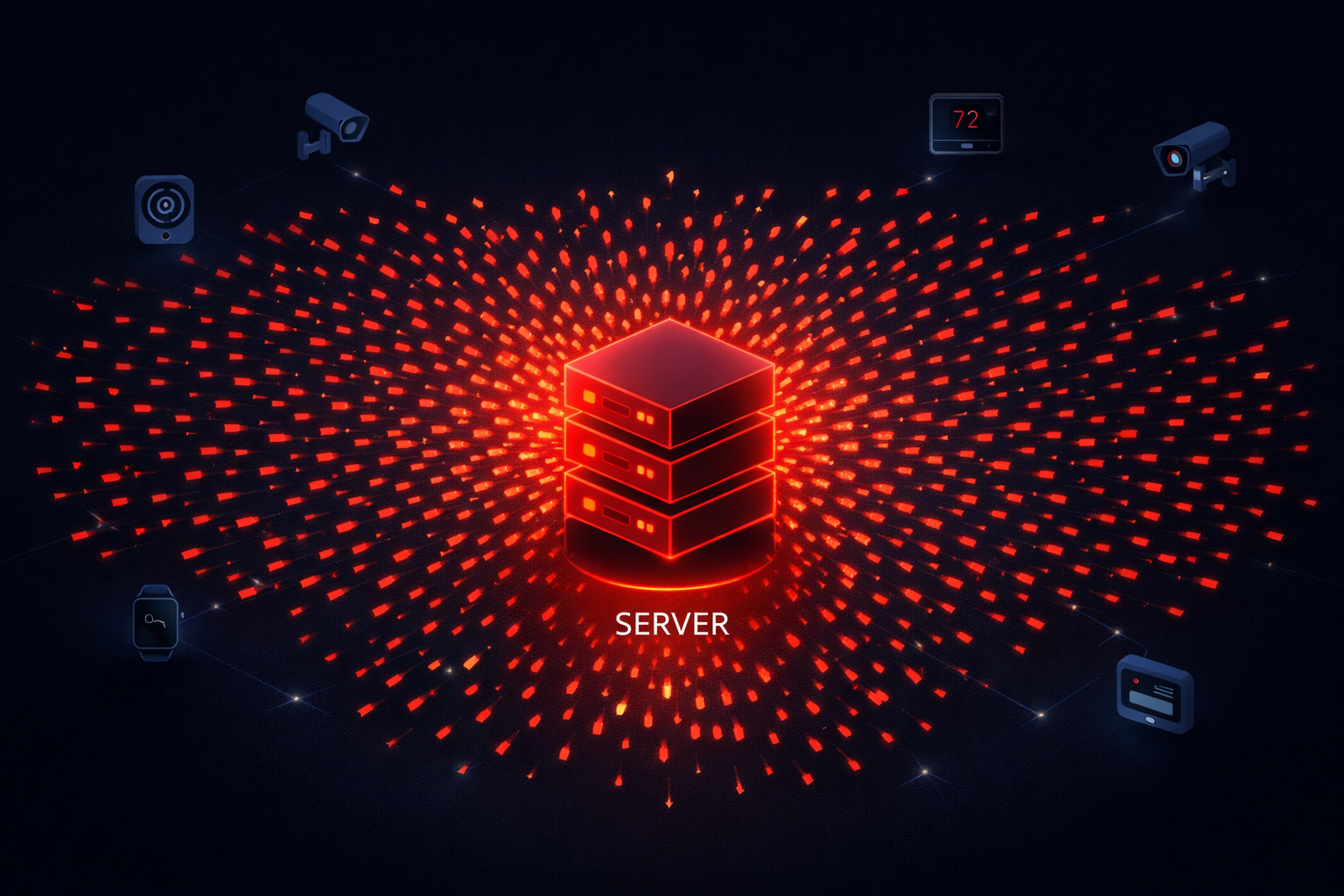 Editorial graphic of a central server icon being swarmed by thousands of glowing red arrows originating from compromised IoT devices, symbolizing a large-scale DDoS attack.