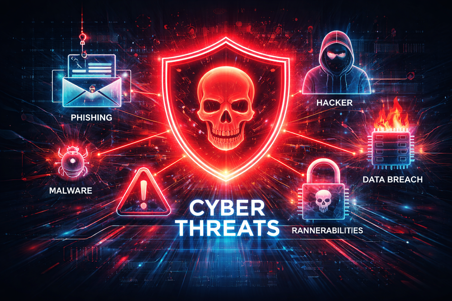 Editorial infographic with a central red skull and hacker surrounded by icons for phishing, malware, data breaches, and vulnerabilities in a digital landscape.