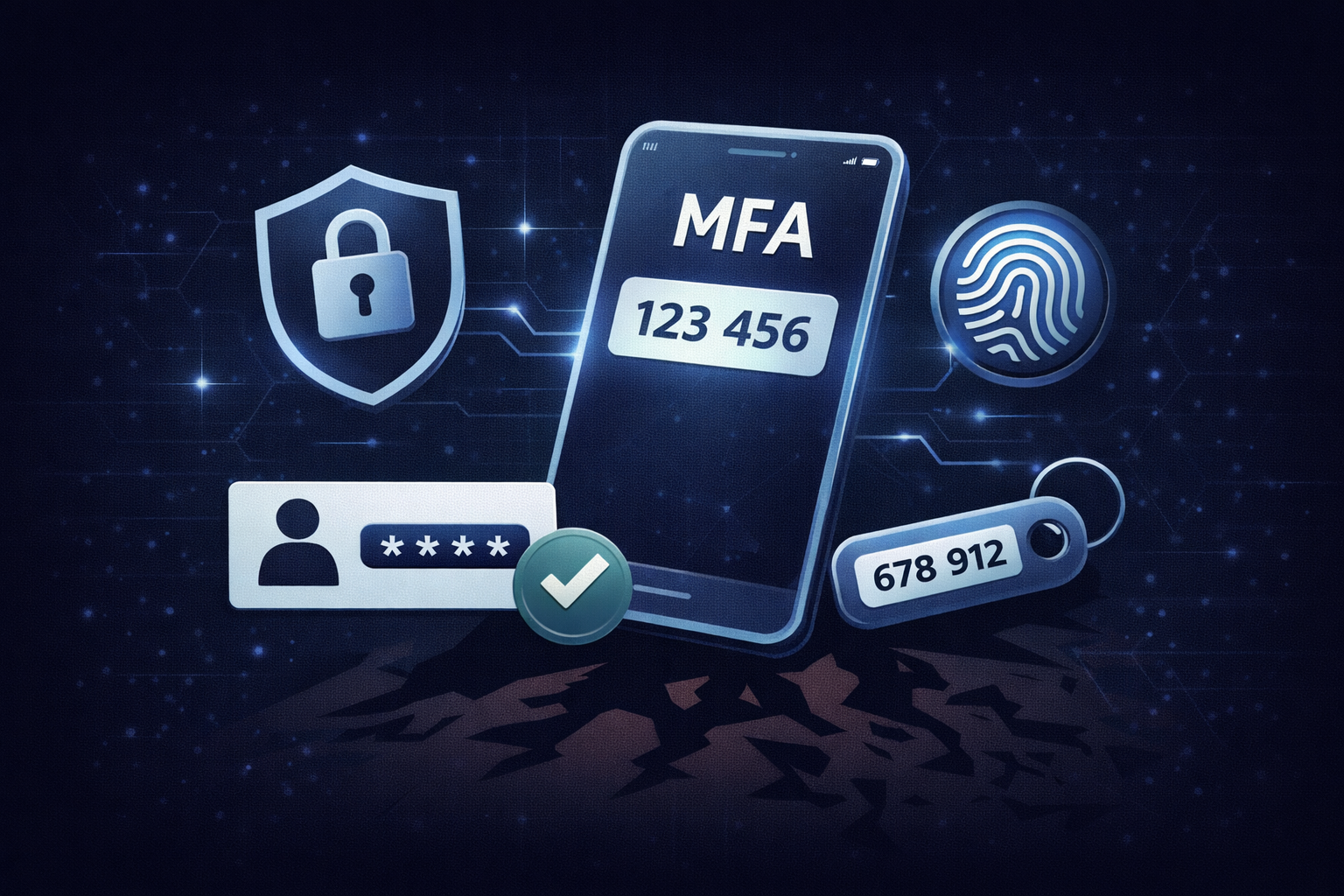 Multi-factor authentication illustration showing a password login combined with a mobile code and biometric verification to protect accounts from unauthorized access.