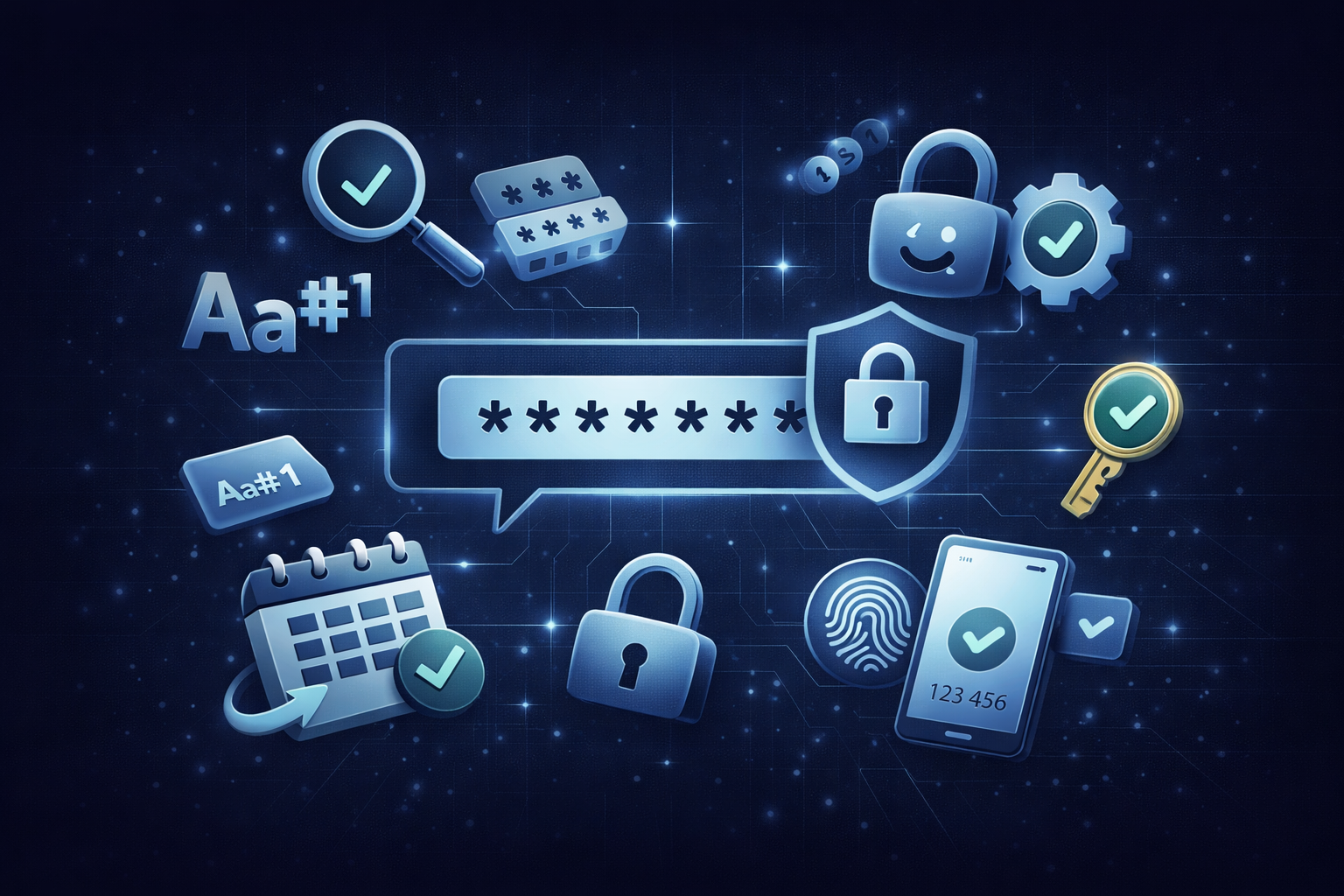 Blue digital icons of a password bar, padlocks, a calendar, and a phone with a fingerprint scan. Represents cybersecurity, two-factor authentication, and strong password management.
