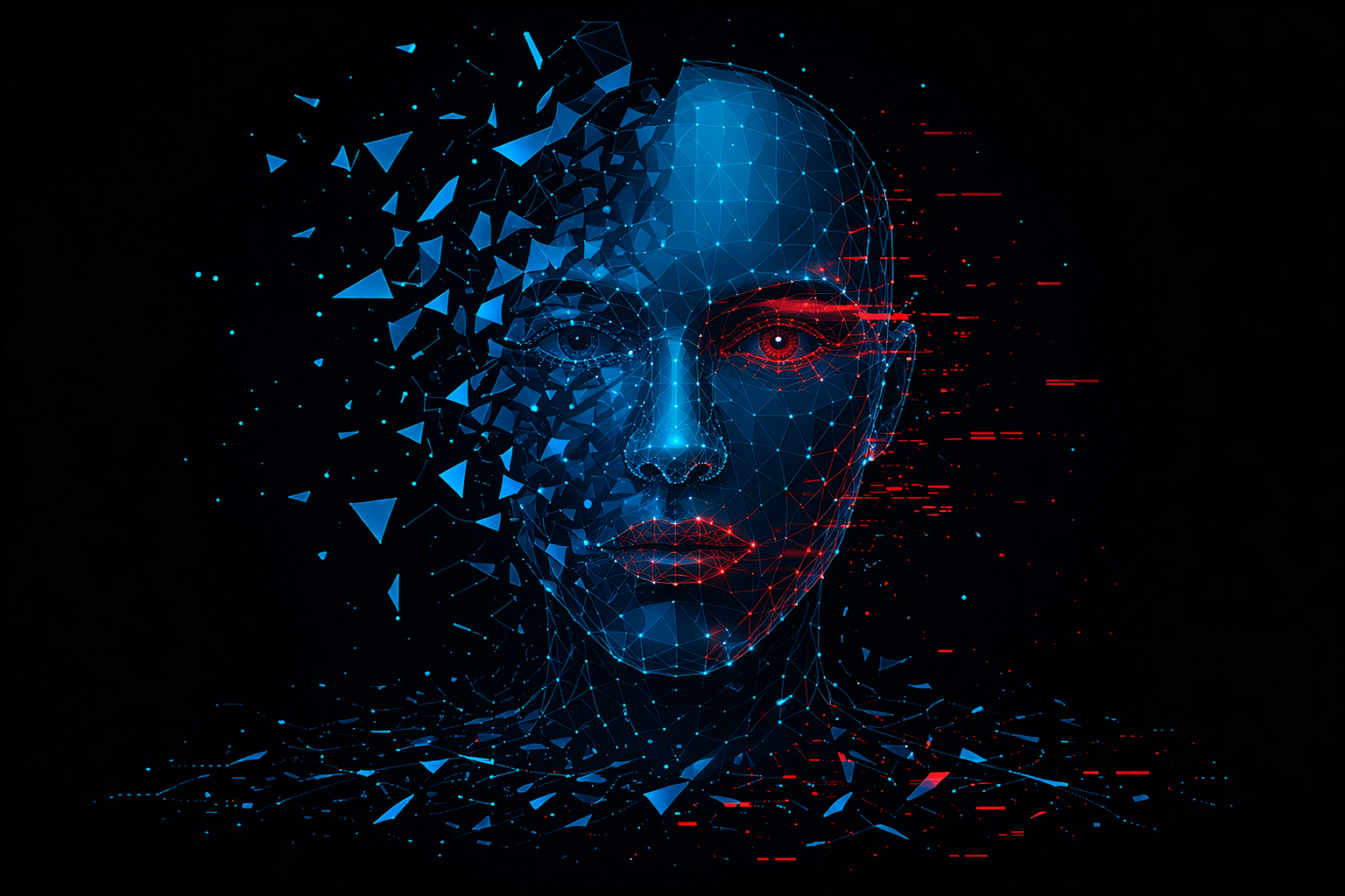 A digital, wireframe representation of a human face in glowing blue, with the left side shattering into geometric fragments and red glitch effects on the right, symbolizing deepfake technology and identity loss.