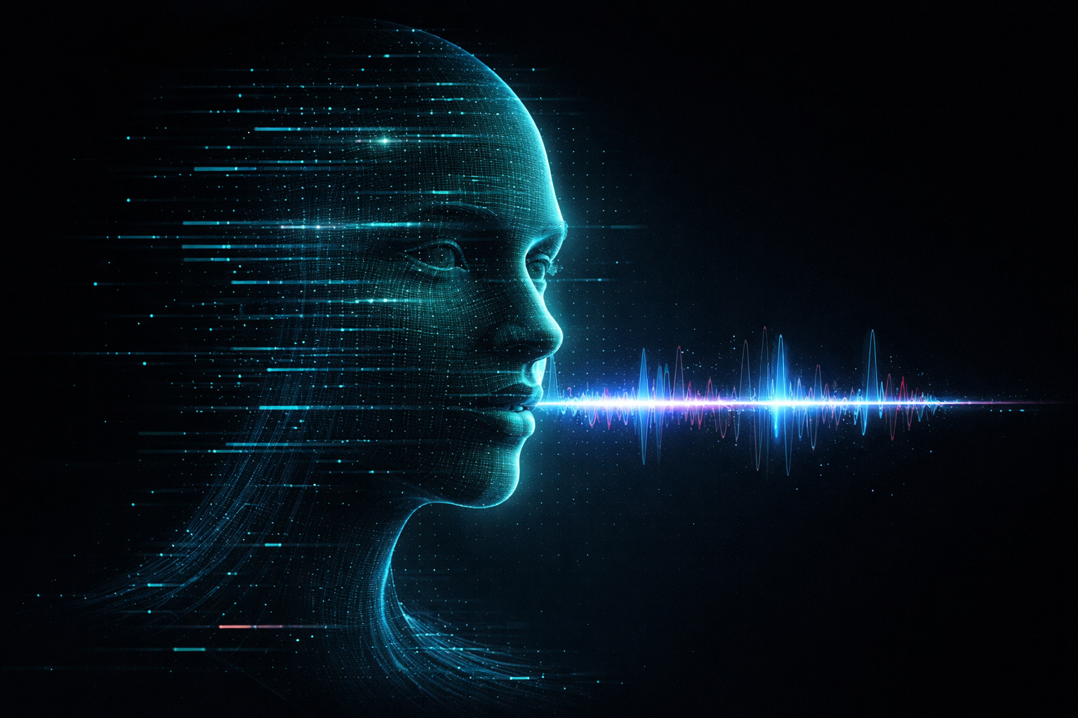 A side profile of a translucent digital human head with a glowing blue and purple sound wave emerging from the mouth, symbolizing AI voice cloning and audio deepfake technology.