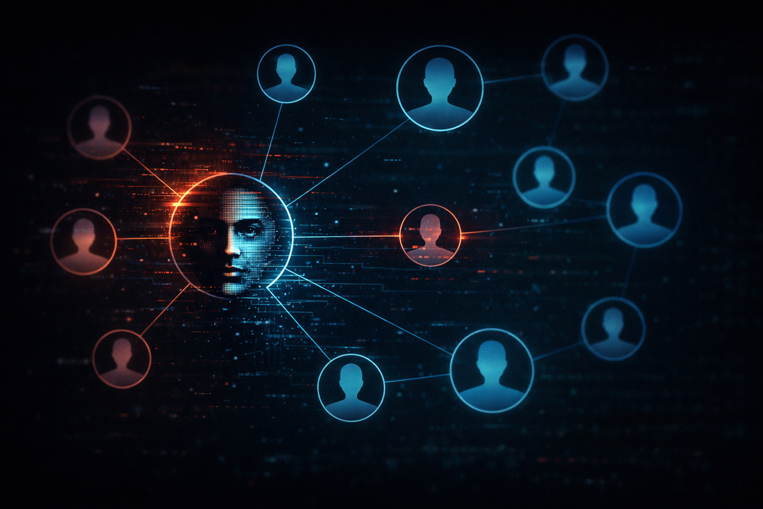 A central AI-generated face connected by glowing lines to several anonymous silhouette profiles in a network, representing the spread of deepfakes and synthetic media across social platforms.