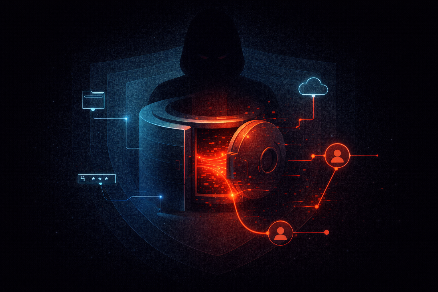 Secure data vault breached with red data streams flowing to attacker while defenses are bypassed, representing Scattered Spider data exfiltration stage.