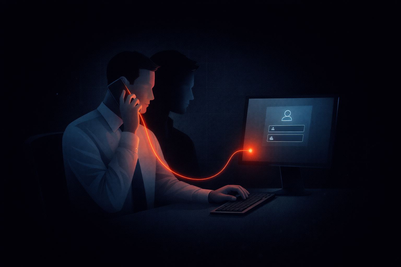Corporate employee on phone with shadowy duplicate guiding actions and red link to login system, illustrating Scattered Spider help desk impersonation attack.