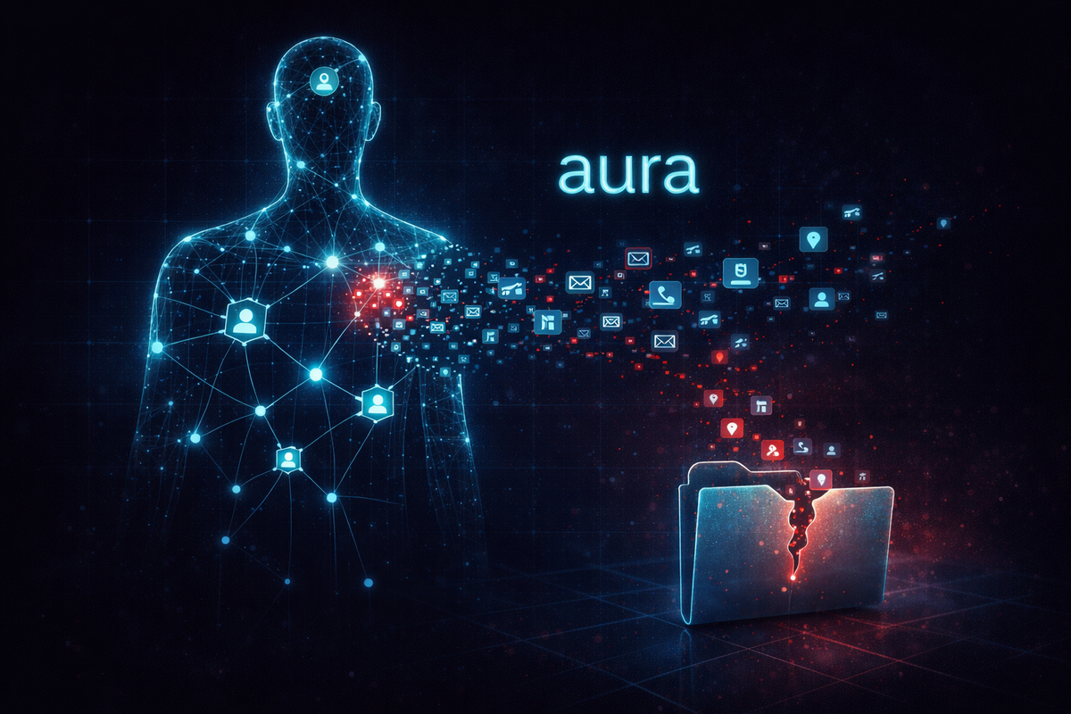 Editorial digital illustration of a glowing blue data-mapped human silhouette being breached, with contact icons leaking into a fractured digital folder under the "Aura" logo.