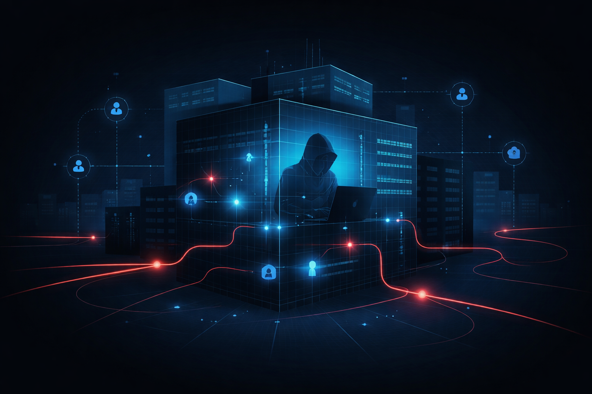 3D isometric view of a dark city grid where a hooded hacker at a laptop manipulates a glowing blue server cube, with red energy lines mapping an advanced persistent threat.