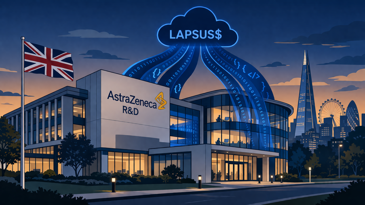 Editorial illustration of AstraZeneca's R&D building in London at dusk, showing digital code exfiltrating into a Lapsus$ group cloud, symbolizing a major cyber extortion event.