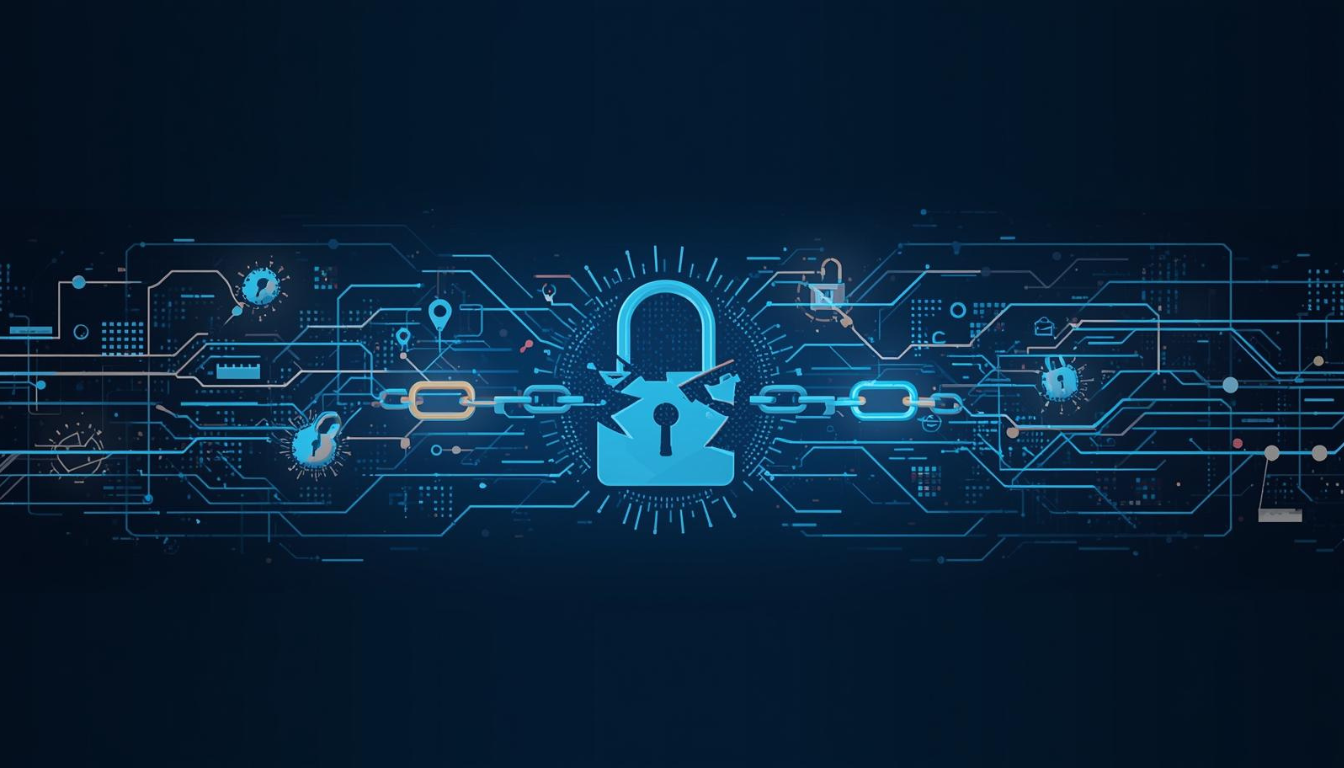 Abstract digital illustration of a broken blue padlock and severed chain links against a dark circuit board background, symbolizing a data breach or cybersecurity failure.