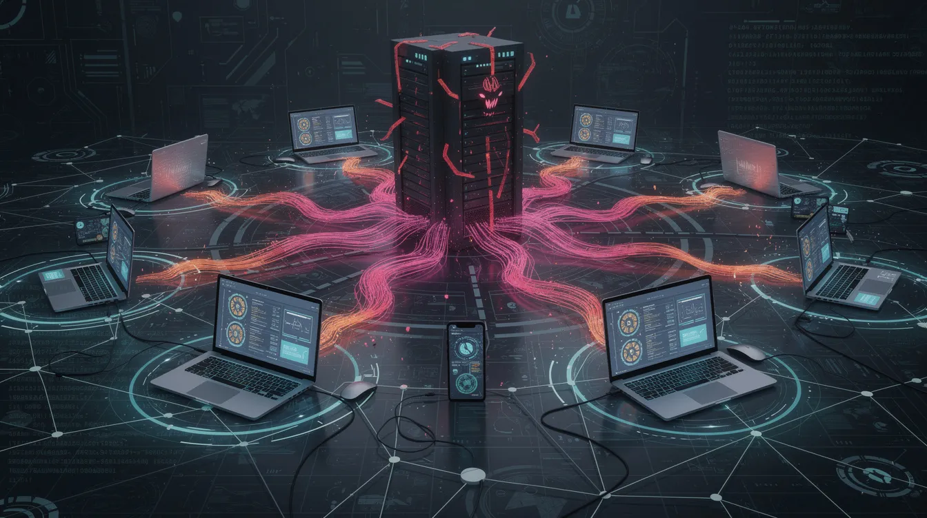 Isometric illustration of a server network with glowing orange cryptocurrency symbols, representing unauthorized crypto mining malware draining system resources.