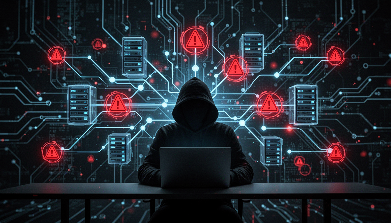A hooded hacker sits at a laptop before a digital circuit background. Red warning icons and glowing nodes connect to server towers, visualizing a cyberattack on network infrastructure.