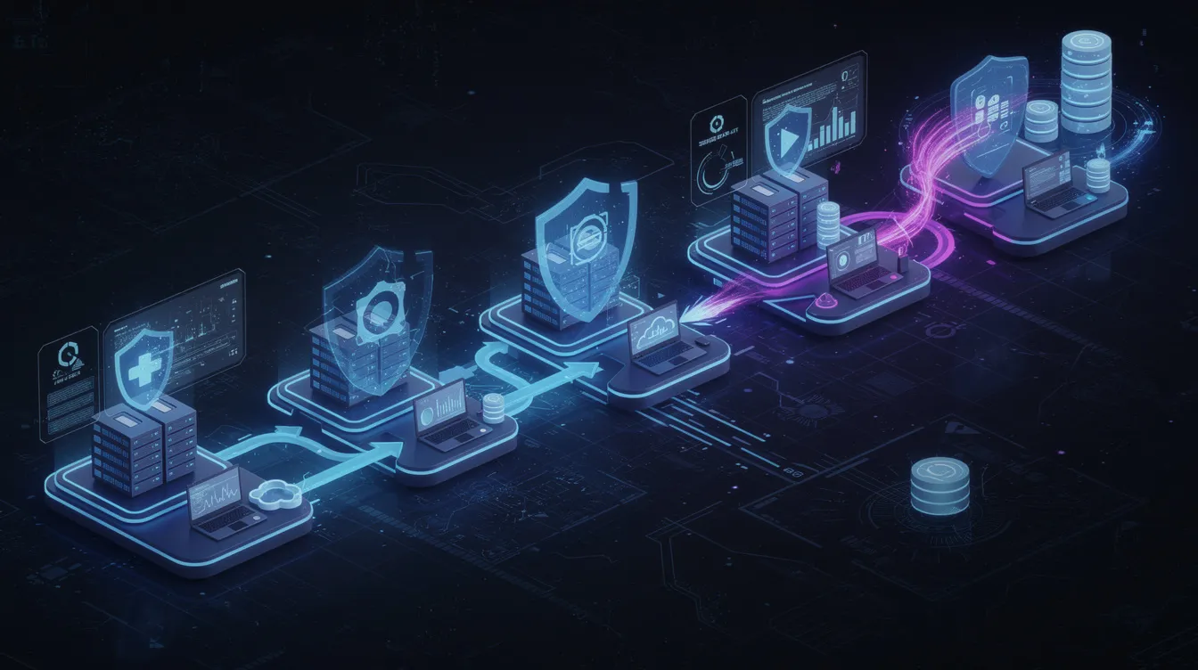 Isometric illustration of a multi-stage cyberattack sequence showing interconnected server nodes being bypassed by blue and purple light trails, representing an exploit chain in action.