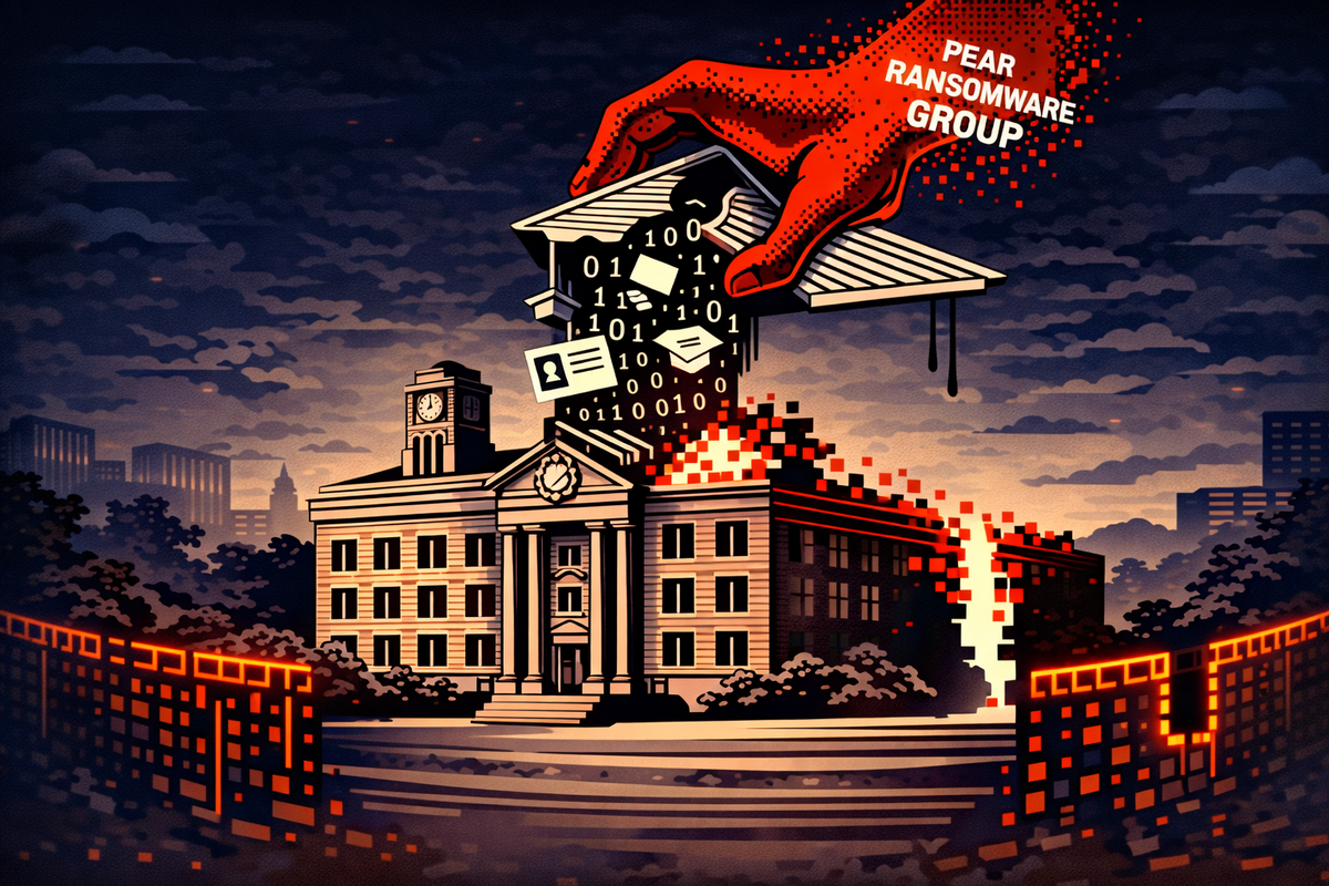 Editorial illustration of a university building where a giant red hand labeled Pear Ransomware Group is lifting the roof, exposing binary code and digital ID icons flowing out.