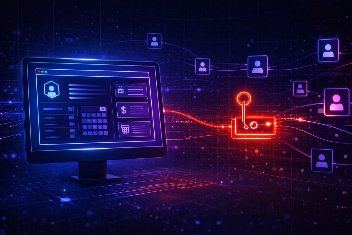 Digital monitor displaying employee payroll and HR data being intercepted by a red fishing hook, representing an unauthorized access incident to corporate systems.