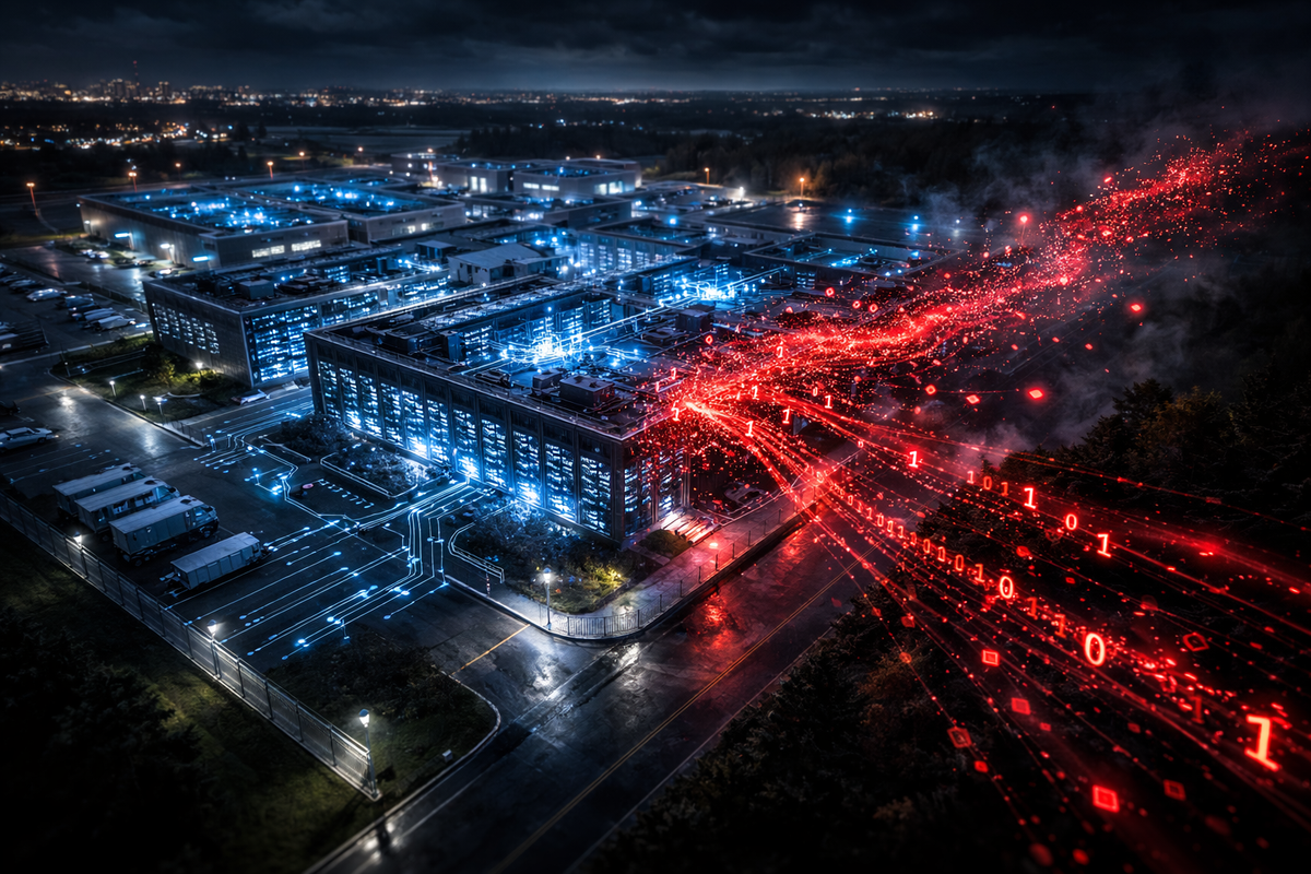 Aerial view of a Telus Digital building with one side dissolving into a massive stream of red binary code and debris, symbolizing a large-scale 1PB data breach.