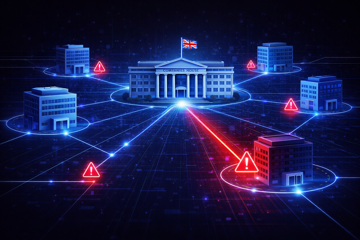 A glowing UK Companies House seal on a monitor with red data streams bursting from the sides, symbolizing a significant digital breach of government-held corporate records.