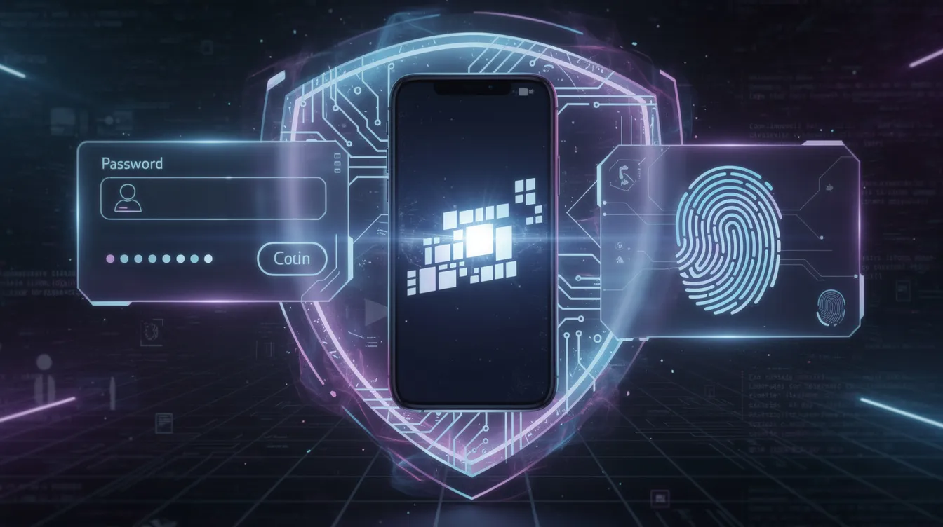 Digital smartphone interface showing a password prompt and a glowing fingerprint scanner protected by a cyber shield, illustrating Multi-Factor Authentication (MFA).