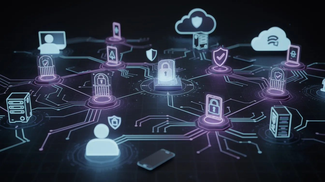 Isometric digital network featuring multiple shield and padlock icons over users, devices, and cloud servers, illustrating a Zero Trust security architecture and identity verification.