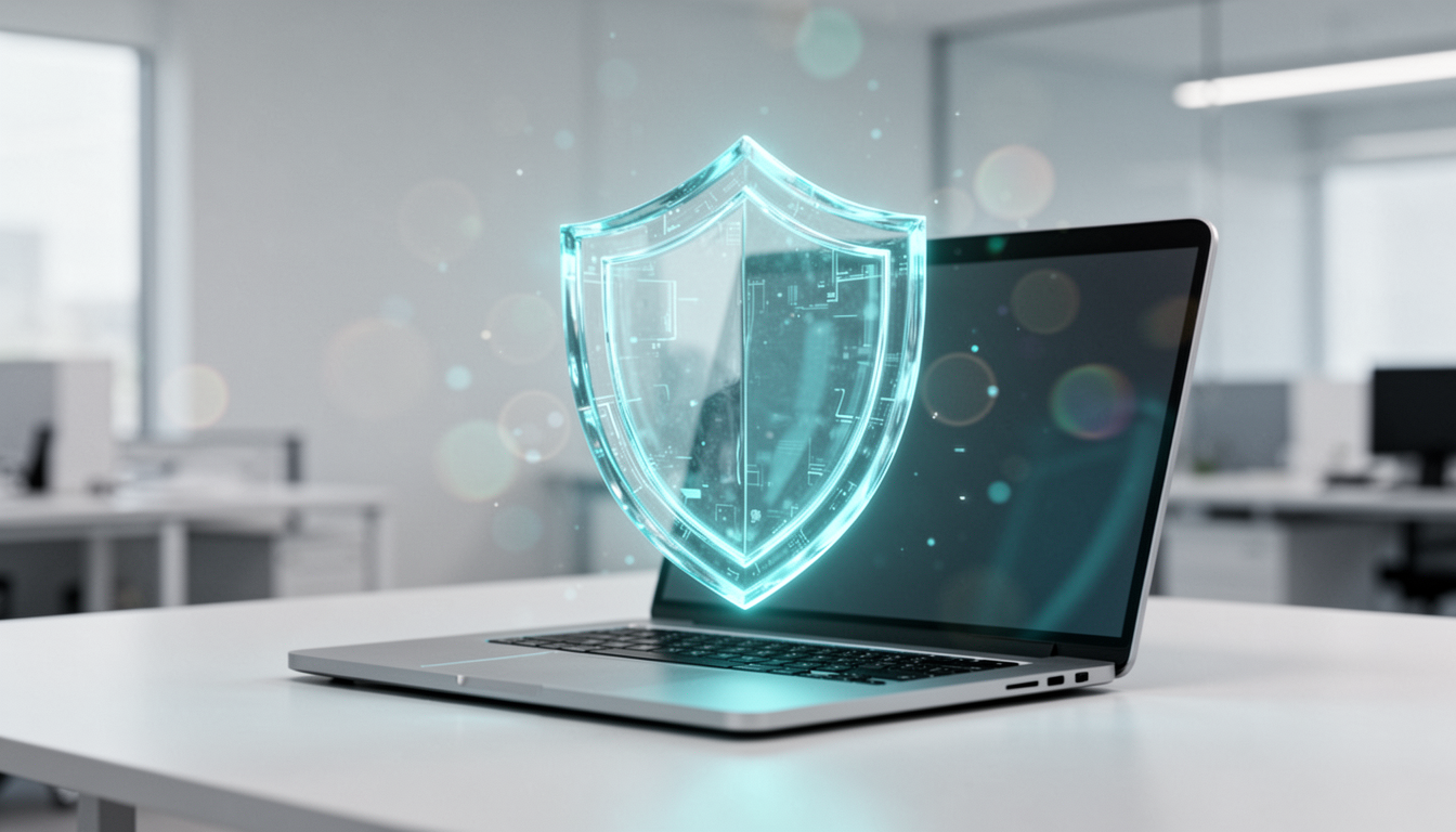 A high-tech, glowing translucent digital shield icon hovers over a sleek laptop on a clean, modern office desk, symbolizing cybersecurity, technical security measures, and data protection.