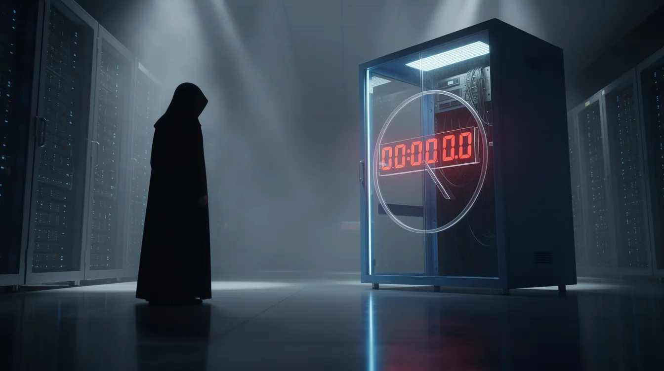 A hooded figure stands in a dark data center facing a glass server cabinet with a glowing red digital timer at 00:00:00, representing the urgency of a zero-day vulnerability.