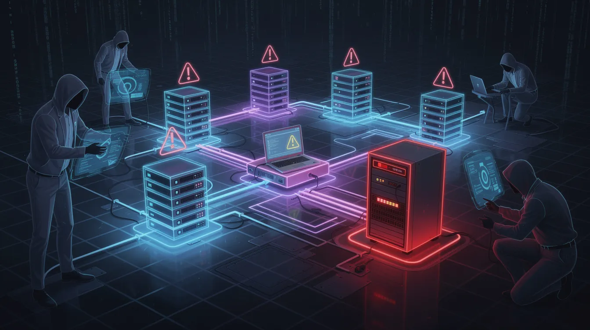 Isometric illustration of hackers in hoodies interacting with a server network where vulnerable systems are highlighted by red and yellow glowing warning triangle icons.