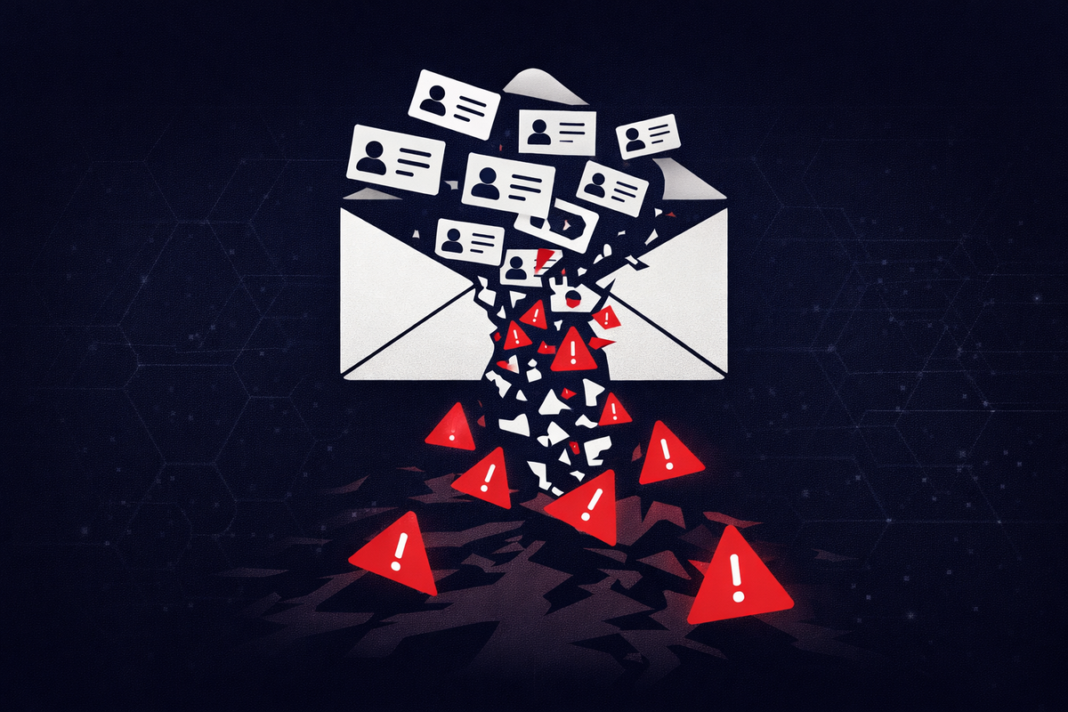 Minimalist illustration of a data breach with a white envelope spilling personal data icons that transform into red alert symbols, representing PII exposure and cybersecurity risk.