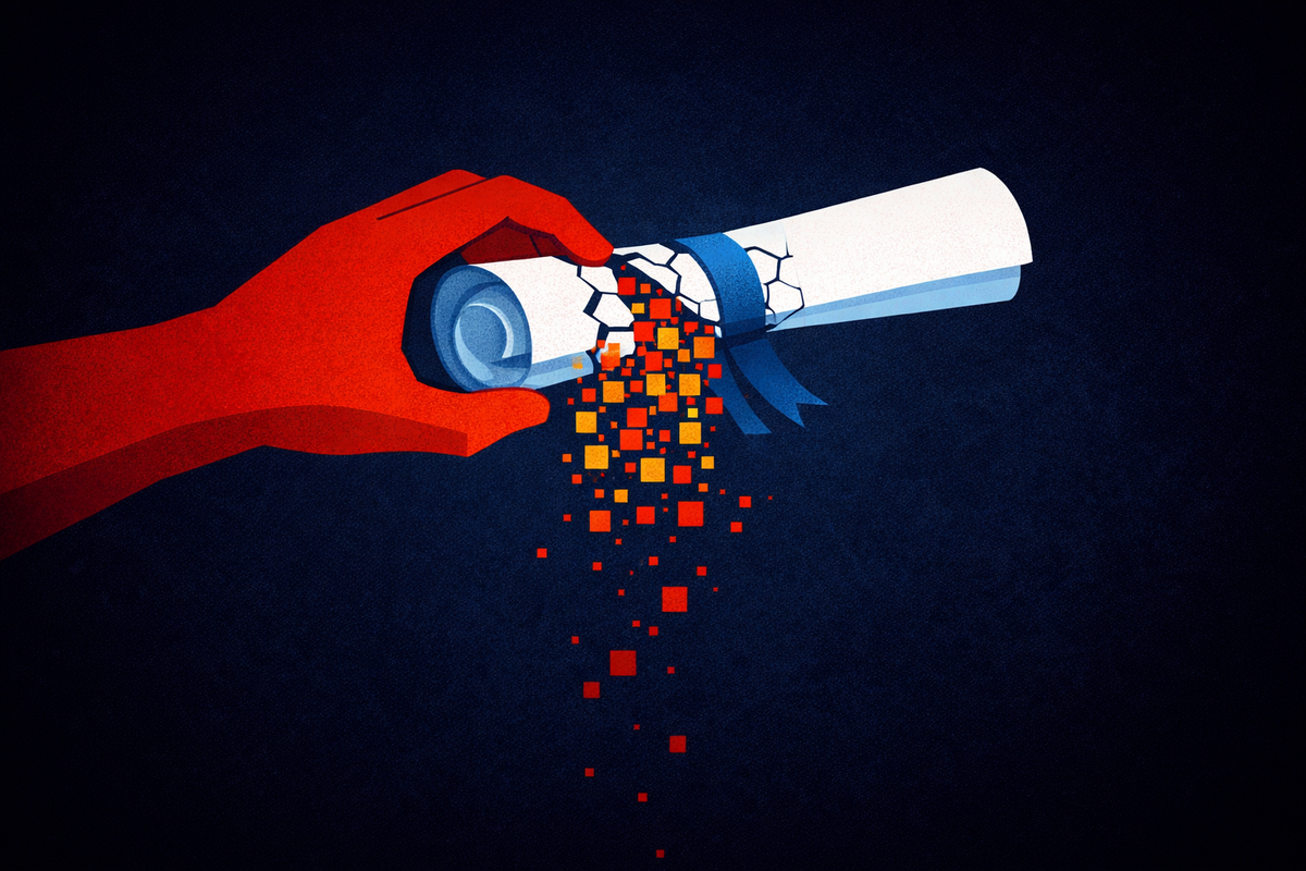 Minimalist illustration of a diploma scroll breaking into red data blocks as a large red hand pulls it apart, symbolizing data theft or cyberattack on sensitive information.