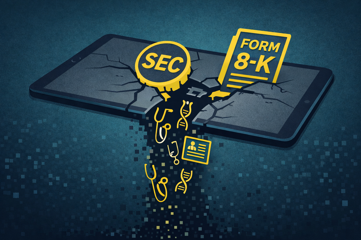 Cracked digital tablet leaking healthcare data icons with SEC disclosure symbols patching the breach, illustrating medical data exposure and corporate reporting requirements.