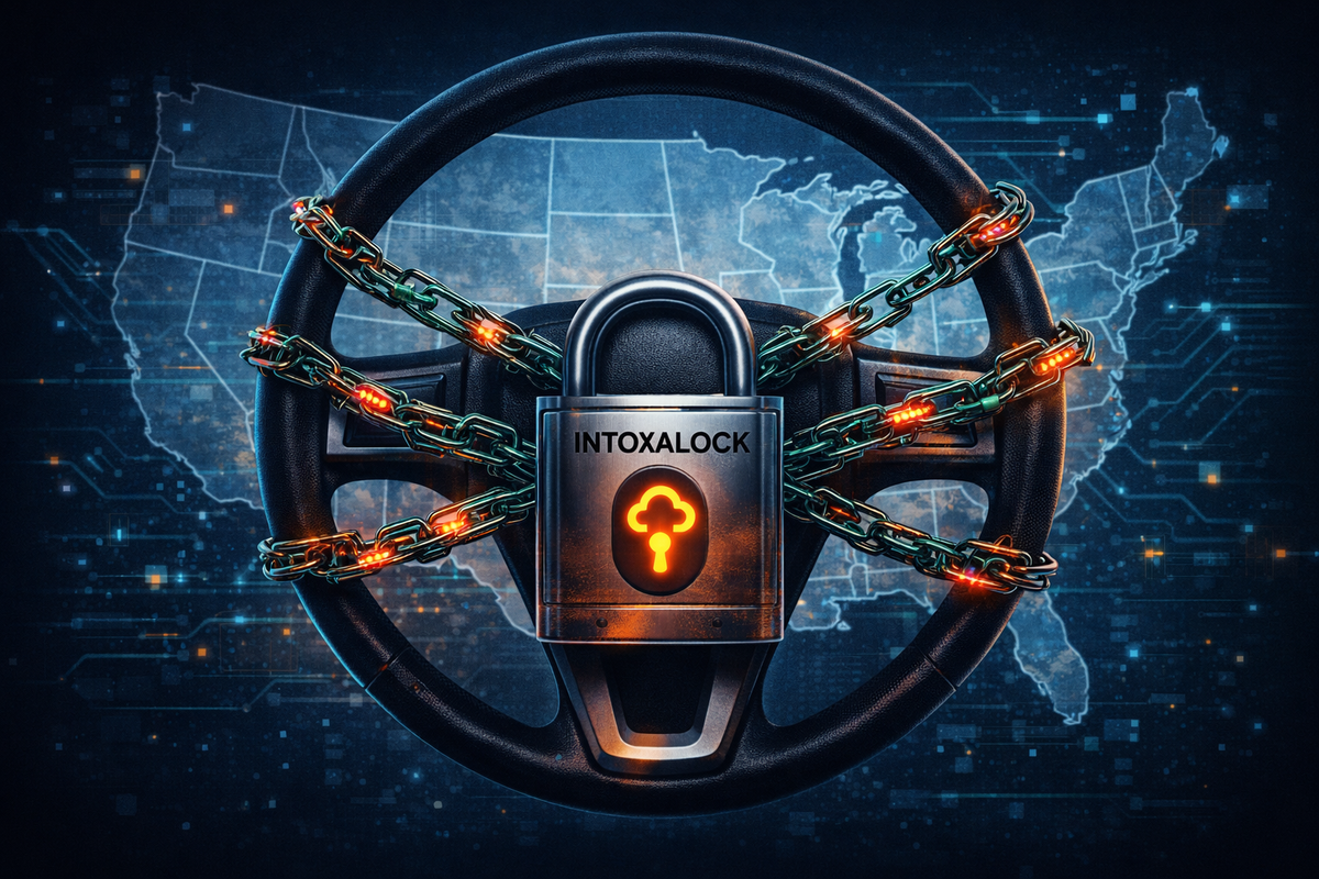Editorial illustration of a steering wheel bound by digital chains and a padlock labeled Intoxalock against a U.S. map, symbolizing a nationwide vehicle lockout from a cyberattack.