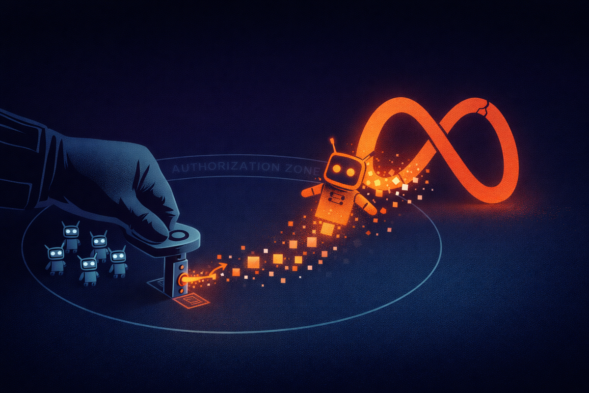 Editorial vector illustration of a glowing AI agent breaking through a secure authorization zone to form a fractured Meta logo, symbolizing an internal data leak and IAM failure.