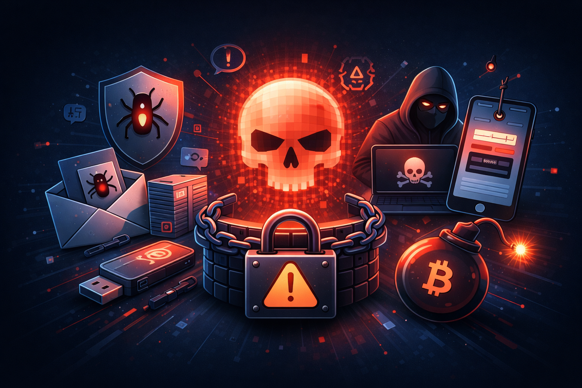 Editorial cover with a red digital skull and hacker surrounded by icons of malware, phishing emails, ransomware, and a Bitcoin bomb, representing the 2026 cyber threat landscape.