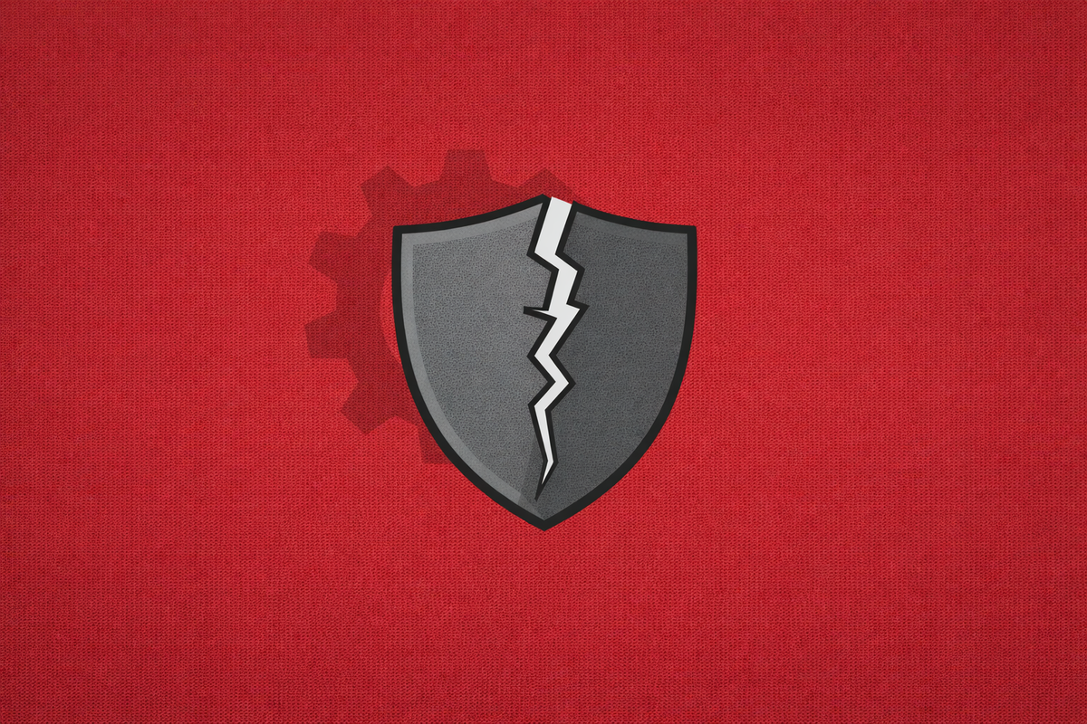Editorial illustration of a cracked security shield on a red background, representing the CVE-2026-35616 zero-day vulnerability and emergency patch for Fortinet FortiClient EMS.