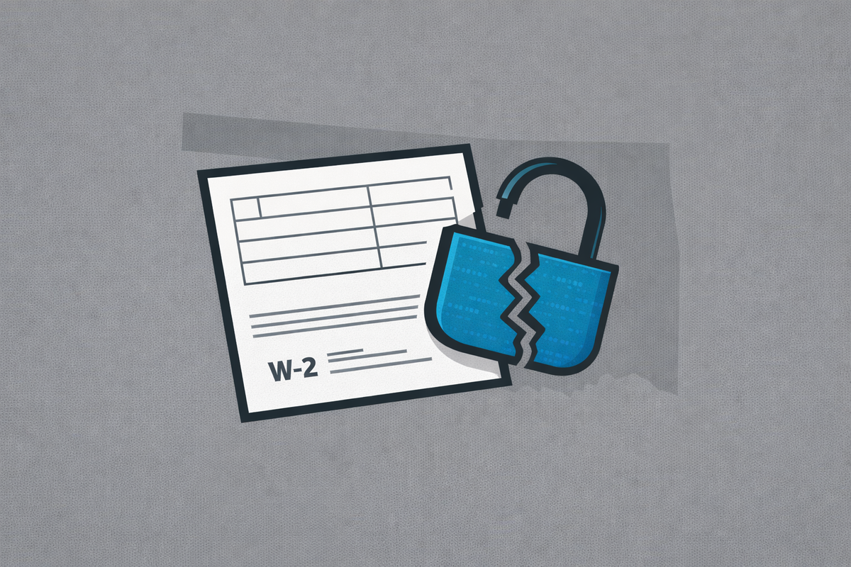 Editorial illustration of a cracked digital padlock over a W-2 tax form with the Oklahoma state outline, symbolizing the data breach at the Oklahoma Tax Commission involving taxpayer data.