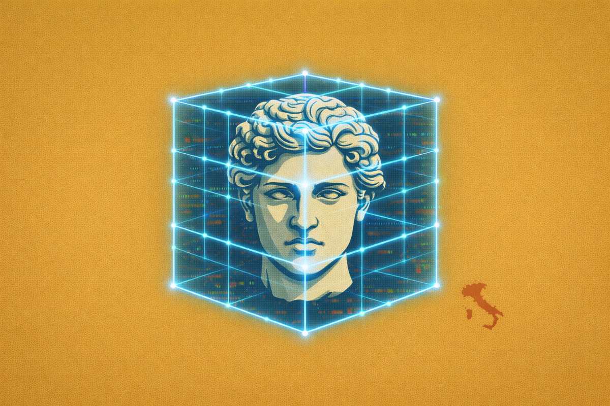 Editorial illustration of a classic marble statue head protected by a digital blue grid, representing the cyberattack on the Uffizi Galleries and the protection of physical masterpieces.