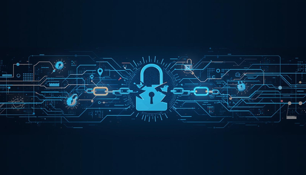 Abstract digital illustration of a broken blue padlock and severed chain links against a dark circuit board background, symbolizing a data breach or cybersecurity failure.