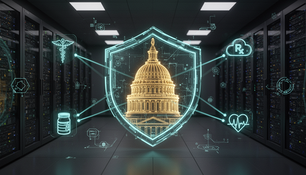  Gemini said A digital shield containing a golden U.S. Capitol dome is connected by light beams to medical icons in a server room, symbolizing healthcare cybersecurity legislation.