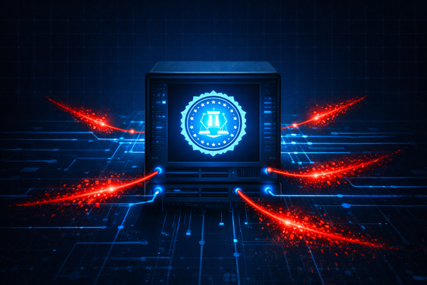 A glowing blue law enforcement seal on a monitor with red data streams bursting from the sides, symbolizing a high-profile digital breach of investigative files.