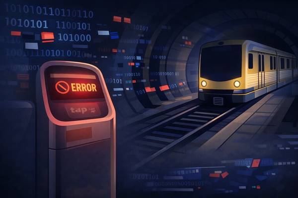 Editorial vector illustration of an LA Metro train in a tunnel next to a glowing red TAP card reader displaying an error message, symbolizing a transit network security breach.
